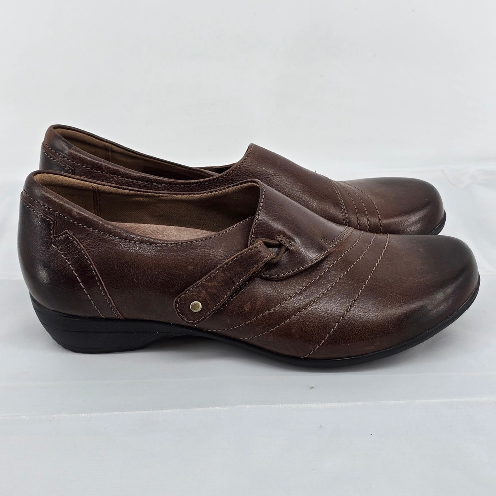 Dansko Dark Brown Leather Slip On Loafers Pleated Stitch Low Wedge EU 37 US 7